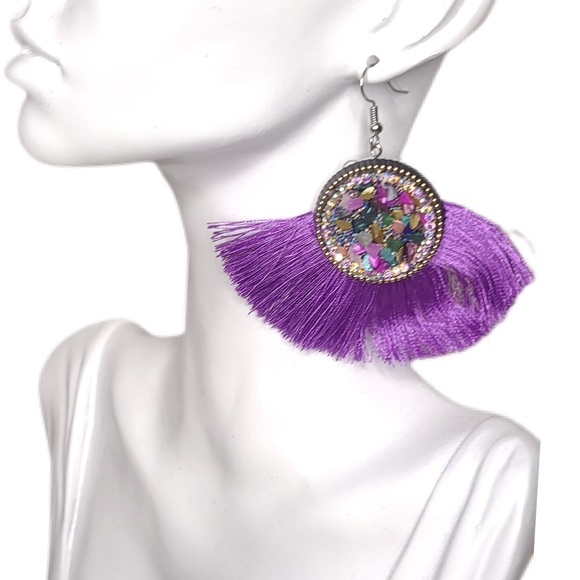 💎 Purple Fringe Tassel Earrings - Picture 3 of 6